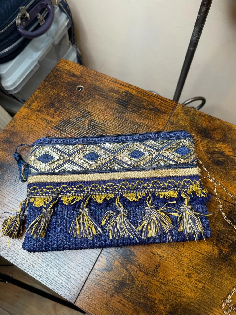 Embroidered Navy Blue Tassel Clutch with Gold Accents Gold Chain